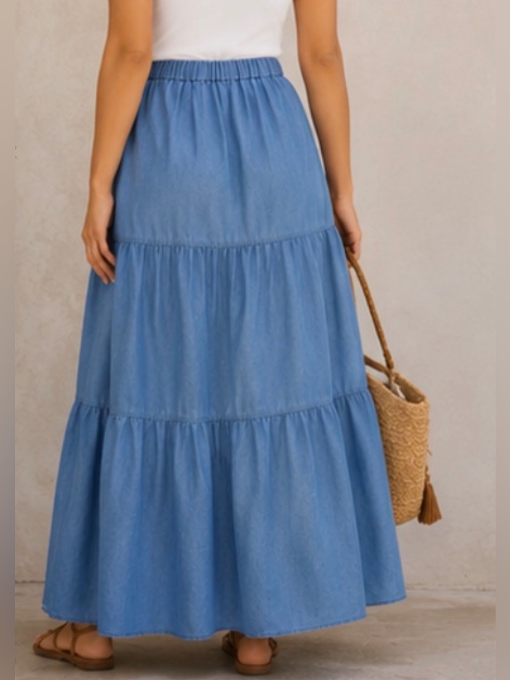 Tiered Chambray Medium Blue Midi Skirt - Picture 11 of 16